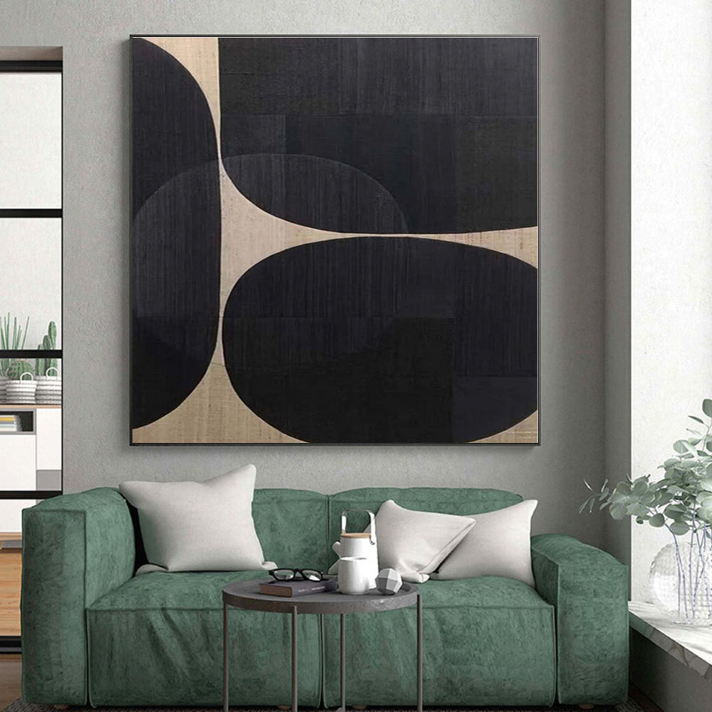 “Black - Beige Geometric Circles” - Black, Beige Abstract Geometric Painting On Canvas PS0581
