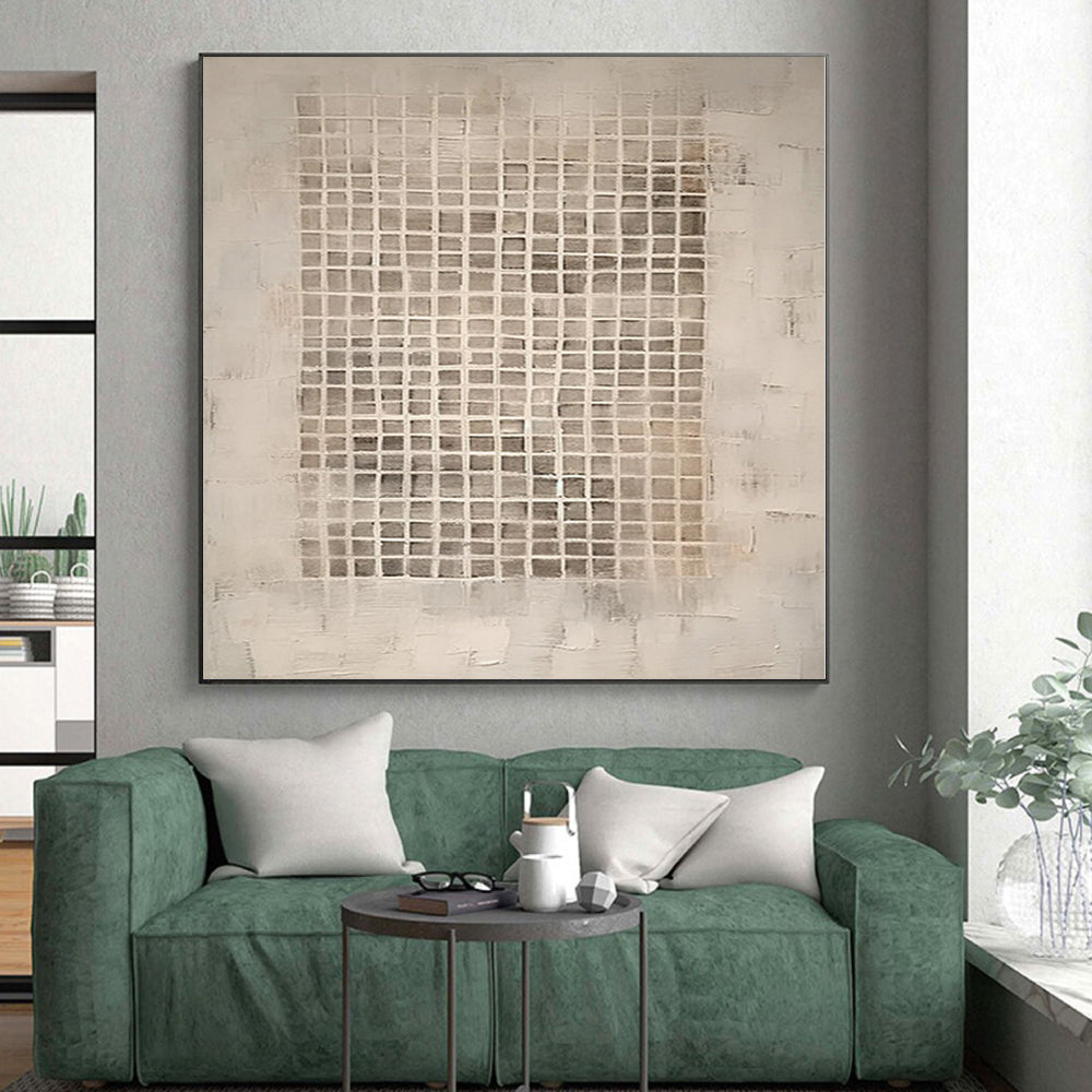 “Beige - Gray Grid Abstract” - Minimalist Abstract Painting On Canvas PS0091
