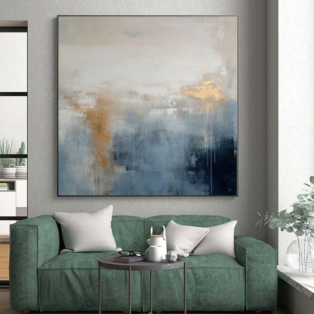 “Gold - Accented Blue - Grey Abstract with Subtle Drips” - Expressive Abstract Painting On Canvas PS0250