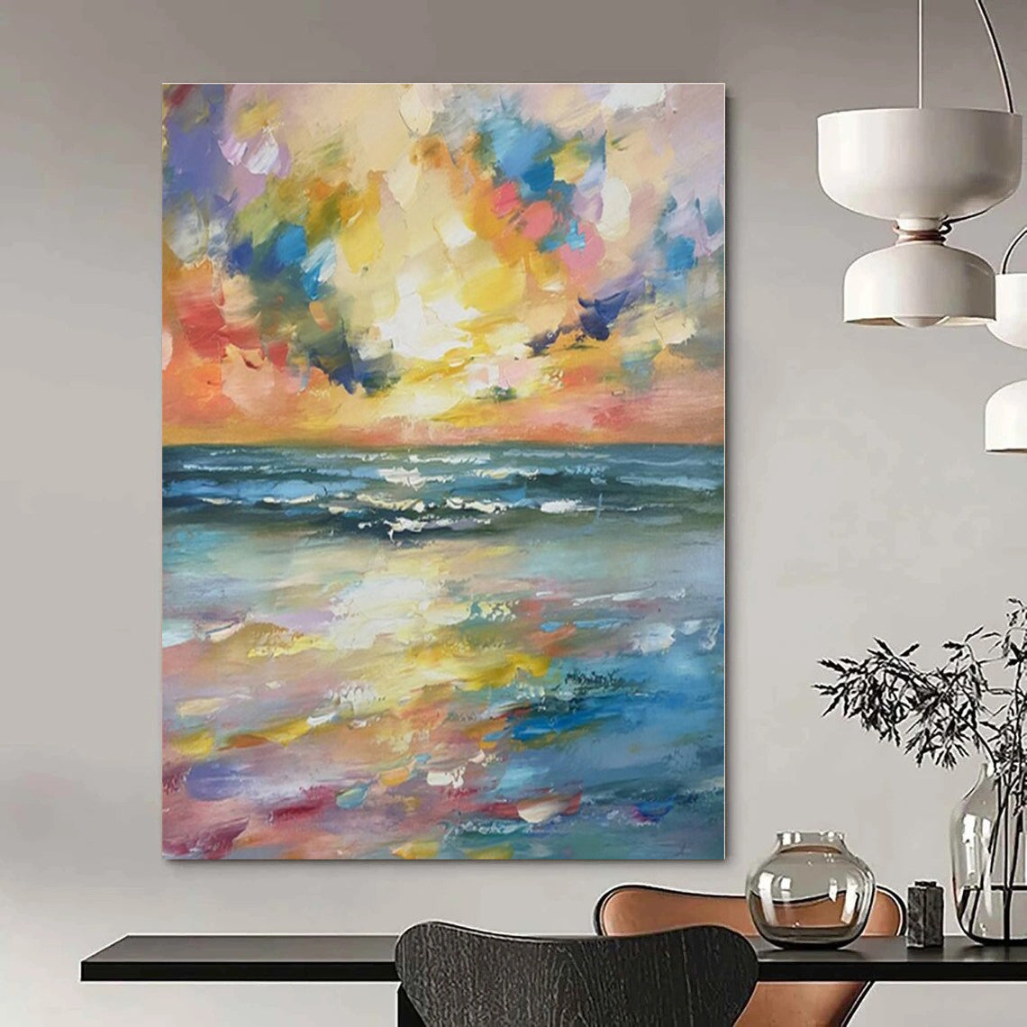 Blue, Yellow, Pink, Purple, Orange with Vivid Impasto "Tropical Dusk" Impasto Painting On Canvas PS1392