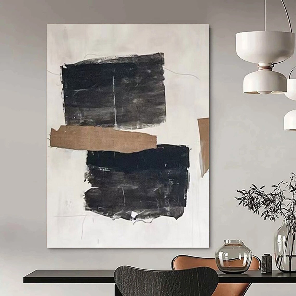 Black, Brown and White with Textured Collage Elements "Raw Fusion" Abstract Painting On Canvas PS1145