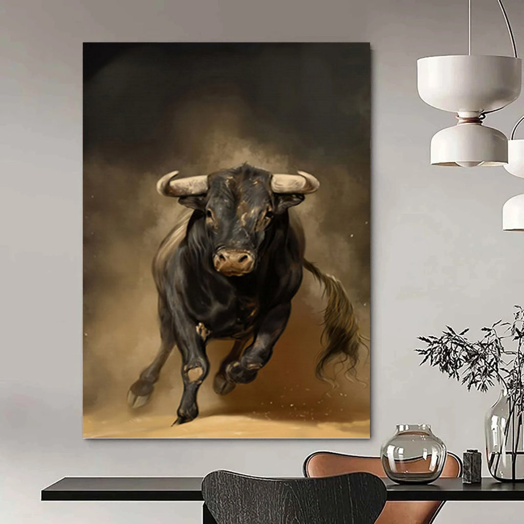 “Powerful Black Bull in Motion” - Realist - Inspired Animal Painting On Canvas PT1409