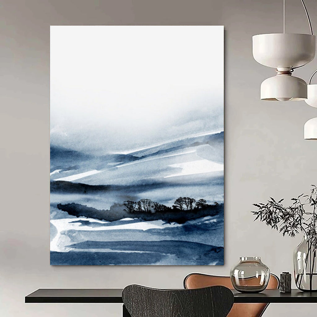 “Blue - Toned Ink - Wash Landscape” - Misty Mountains & Subtle Tree Forms Painting On Canvas DS231