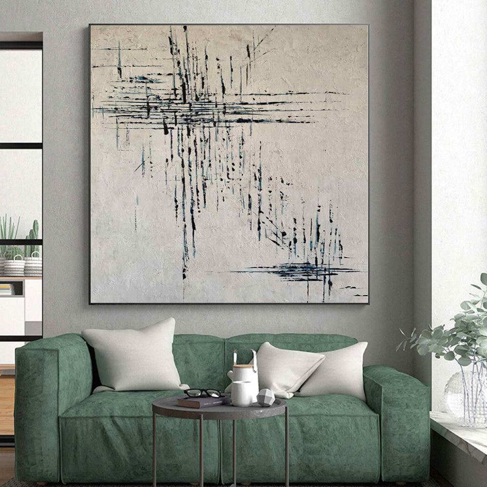 “Black - Blue Linear Abstraction” - Black, Blue Abstract Painting On Canvas PS0469