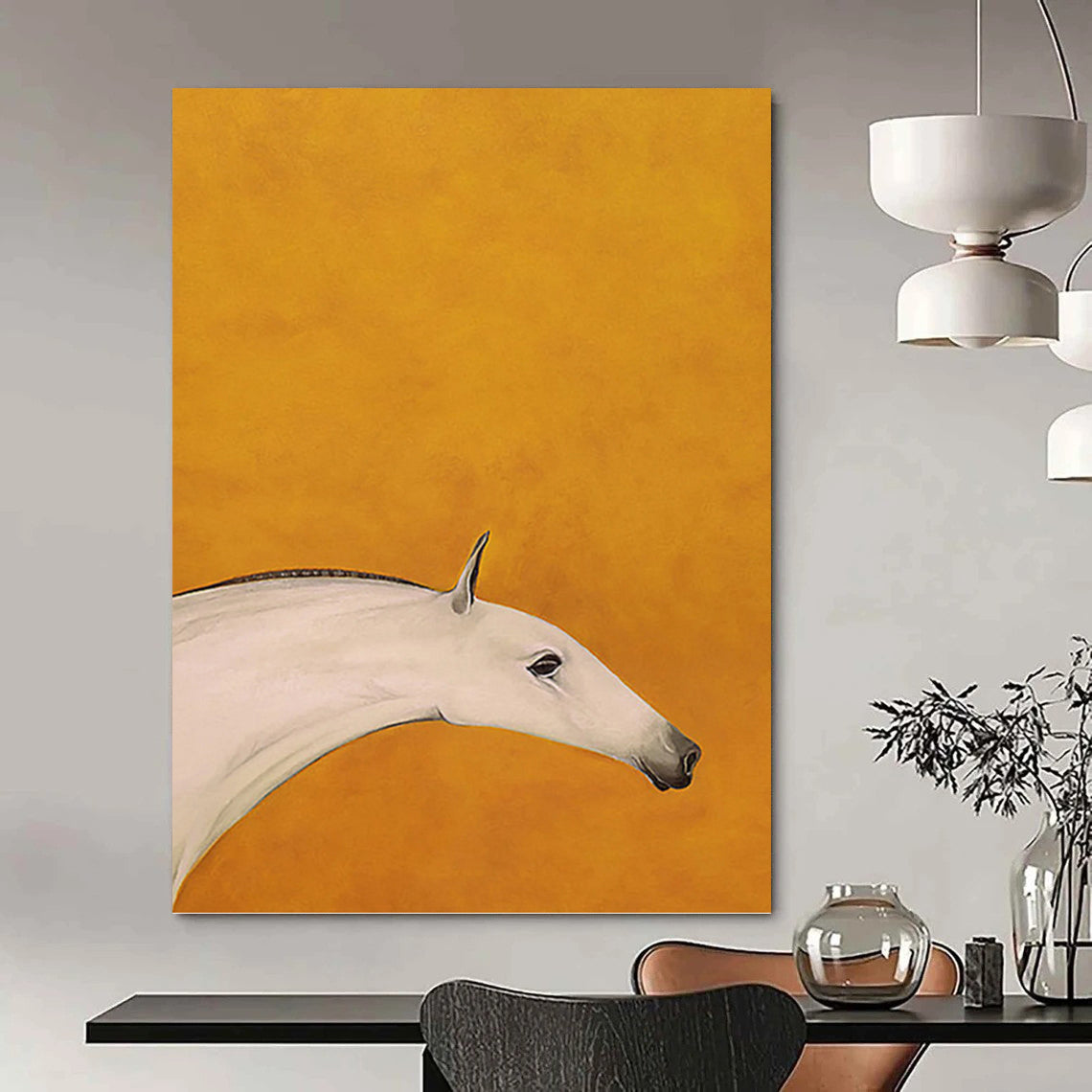 “Minimalist White Horse on Orange” - Minimalist - Inspired Animal Painting On Canvas PT1427