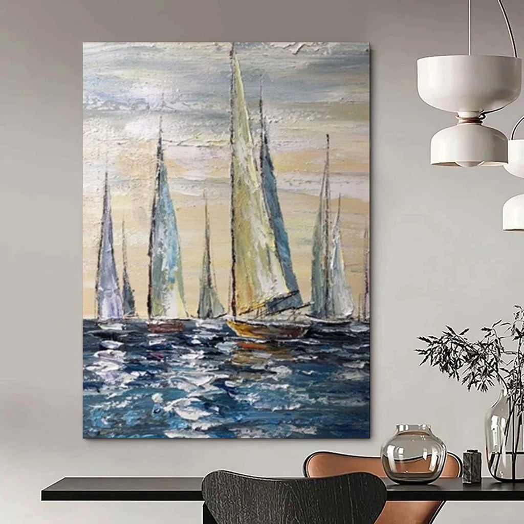 Sailing Regatta, Impasto Seaside, Oil Painting On Canvas PT2095
