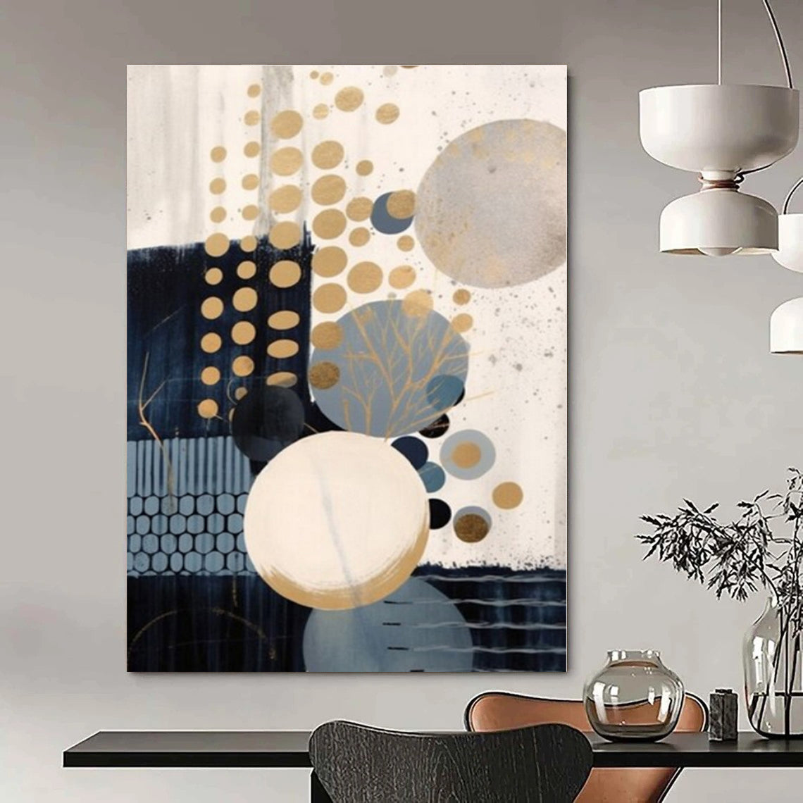 Gold, Blue, Beige with Circles "Gilded Bubbles" Abstract Painting On Canvas PS1263