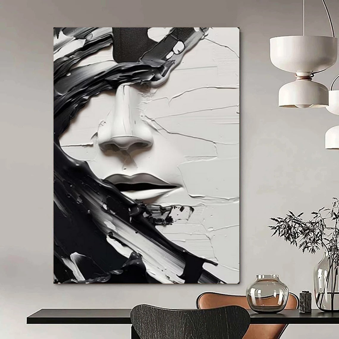Black & White Textured Face, Abstract Expressionism, Painting On Canvas PT2134