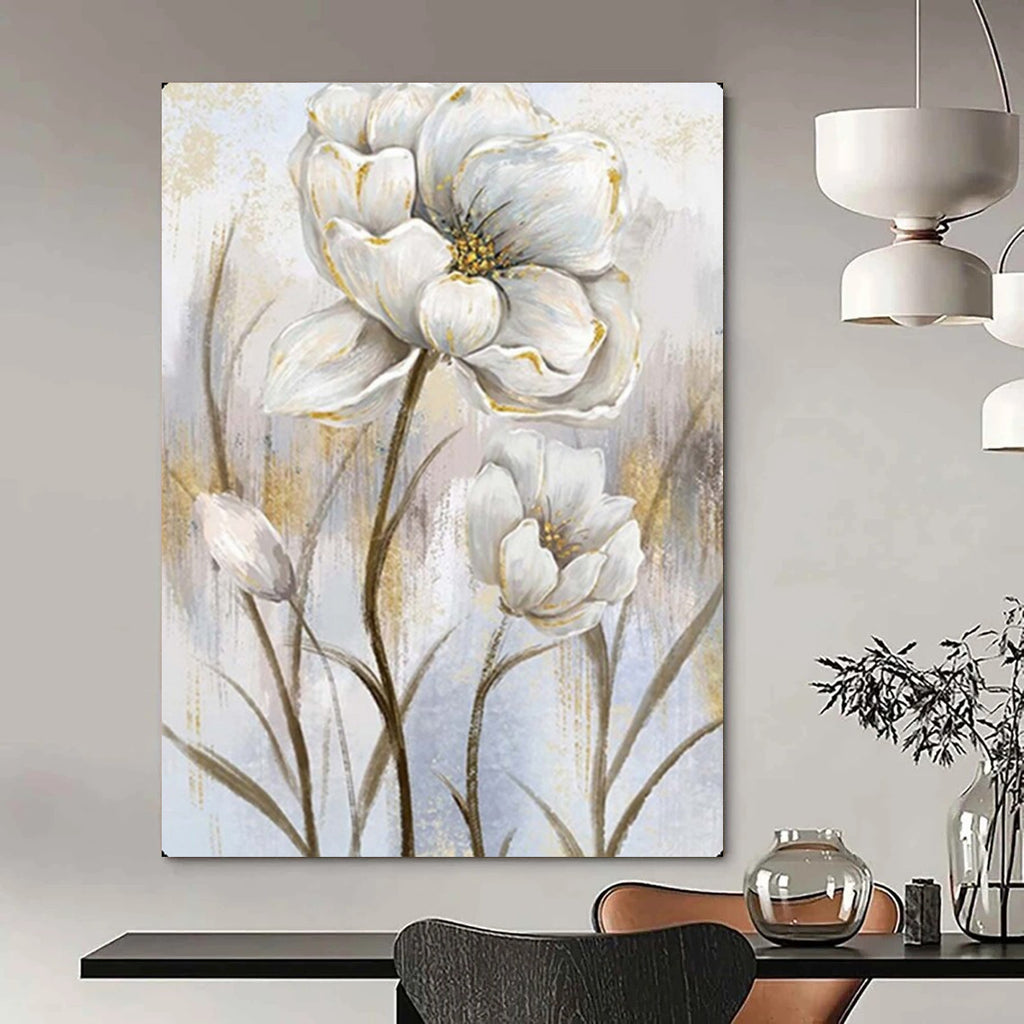 White Flowers with Gold Accents, Van Gogh - Inspired Brushwork, Floral Painting On Canvas PT2124