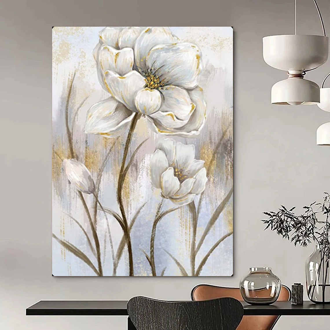 White Flowers with Gold Accents, Van Gogh - Inspired Brushwork, Floral Painting On Canvas PT2124