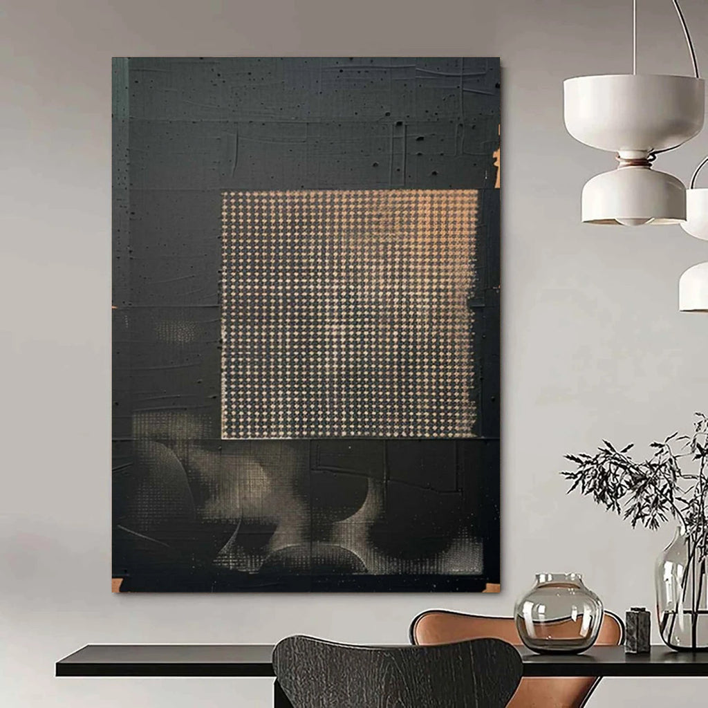 “Black & Gold Grid Abstract” - Geometric Abstract Painting On Canvas DS306