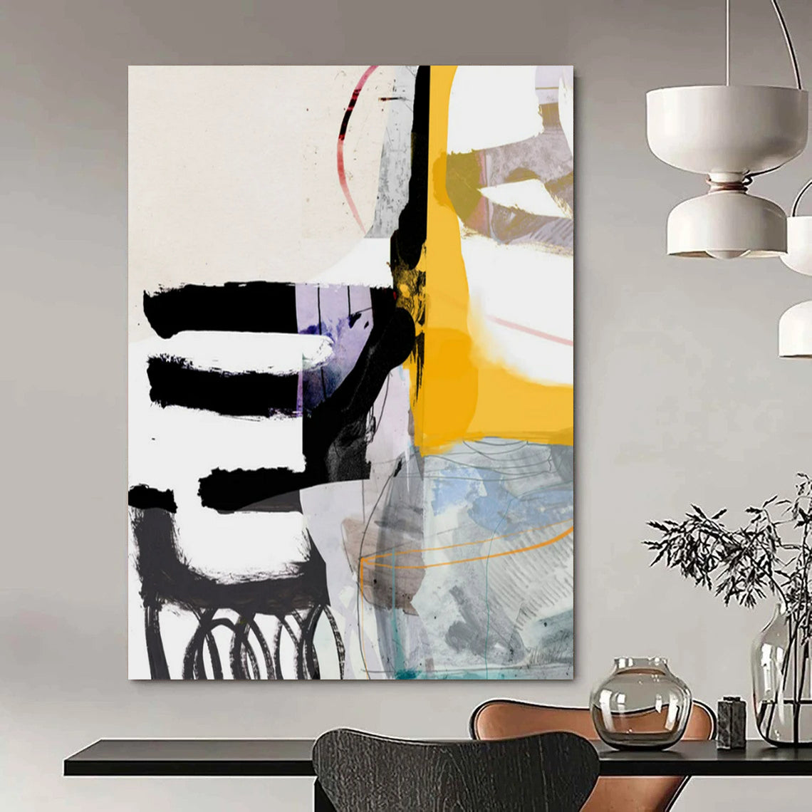 “Yellow - Purple - Black Abstract Collage” - Mixed - Media Abstract Painting On Canvas PT2313