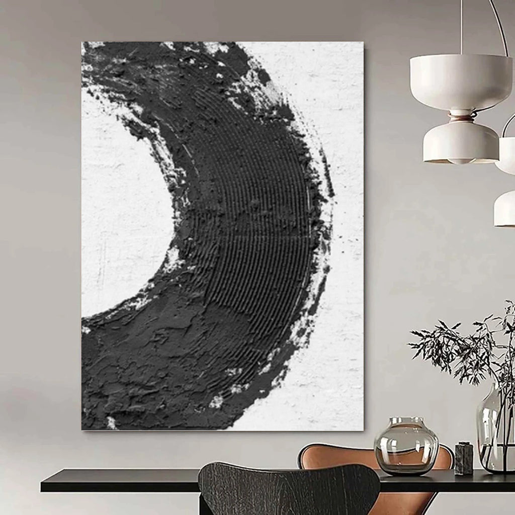 “Bold Black and White Circle” - Abstract, Graphic - Styled Painting On Canvas PT1675