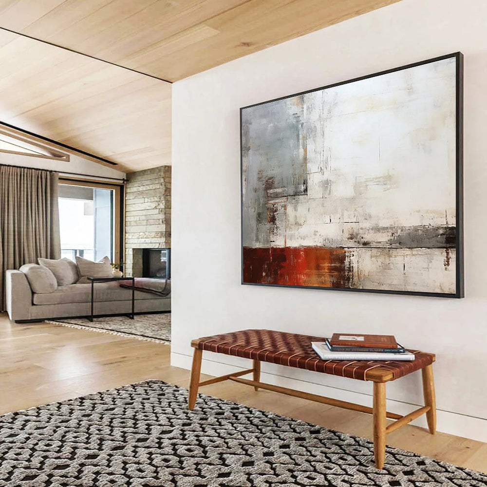 Grey, White & Red Abstract Composition Painting On Canvas DKS043