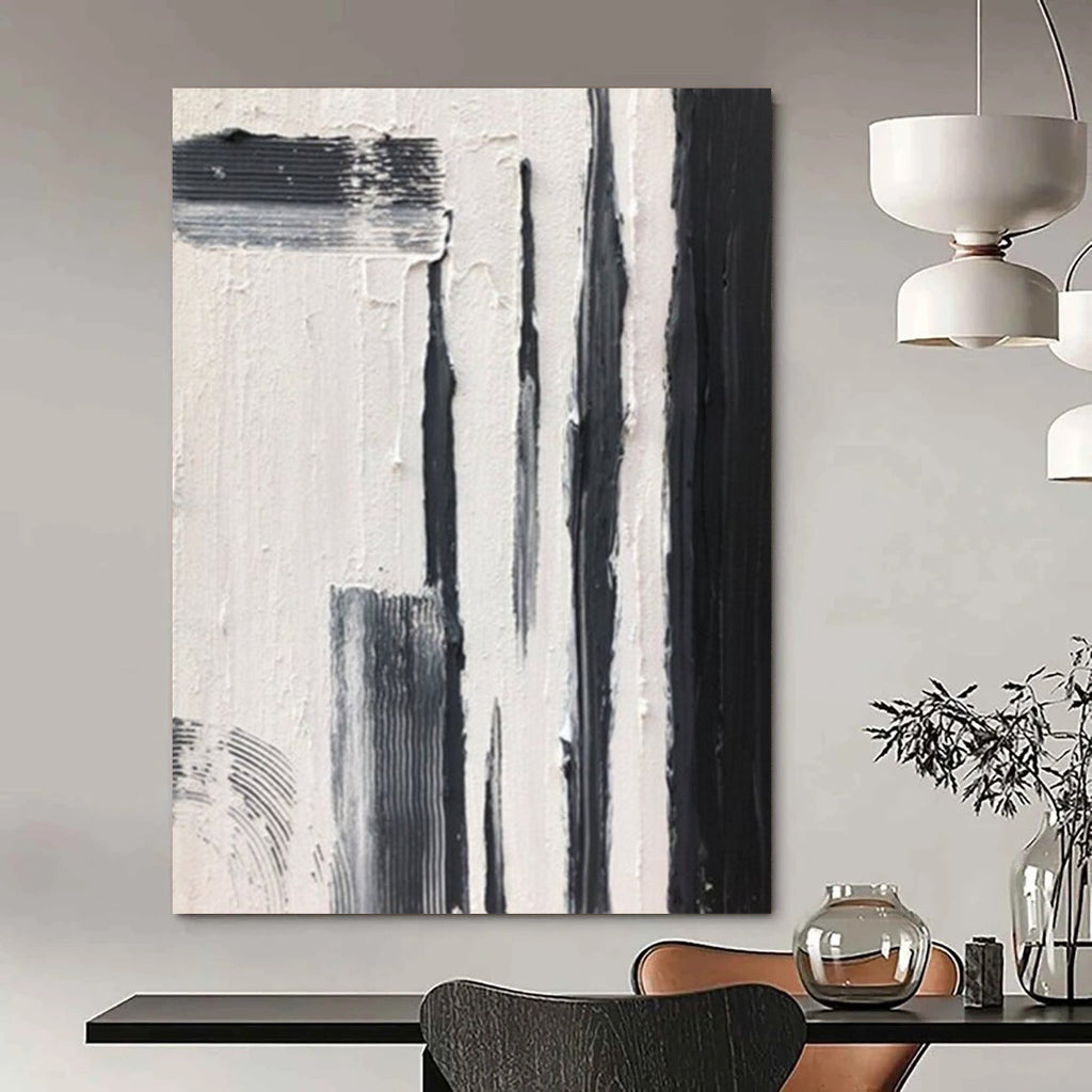 “Black and White Vertical Strokes” - Bold Minimalist Painting On Canvas DS367