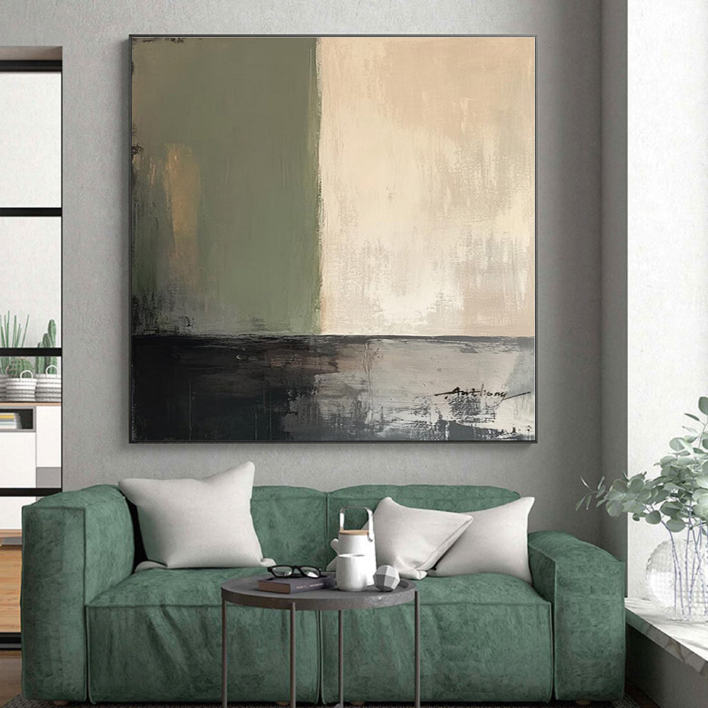 “Green - Beige Minimalist Abstraction” - Green, Beige, Gray Abstract Painting On Canvas PS0487