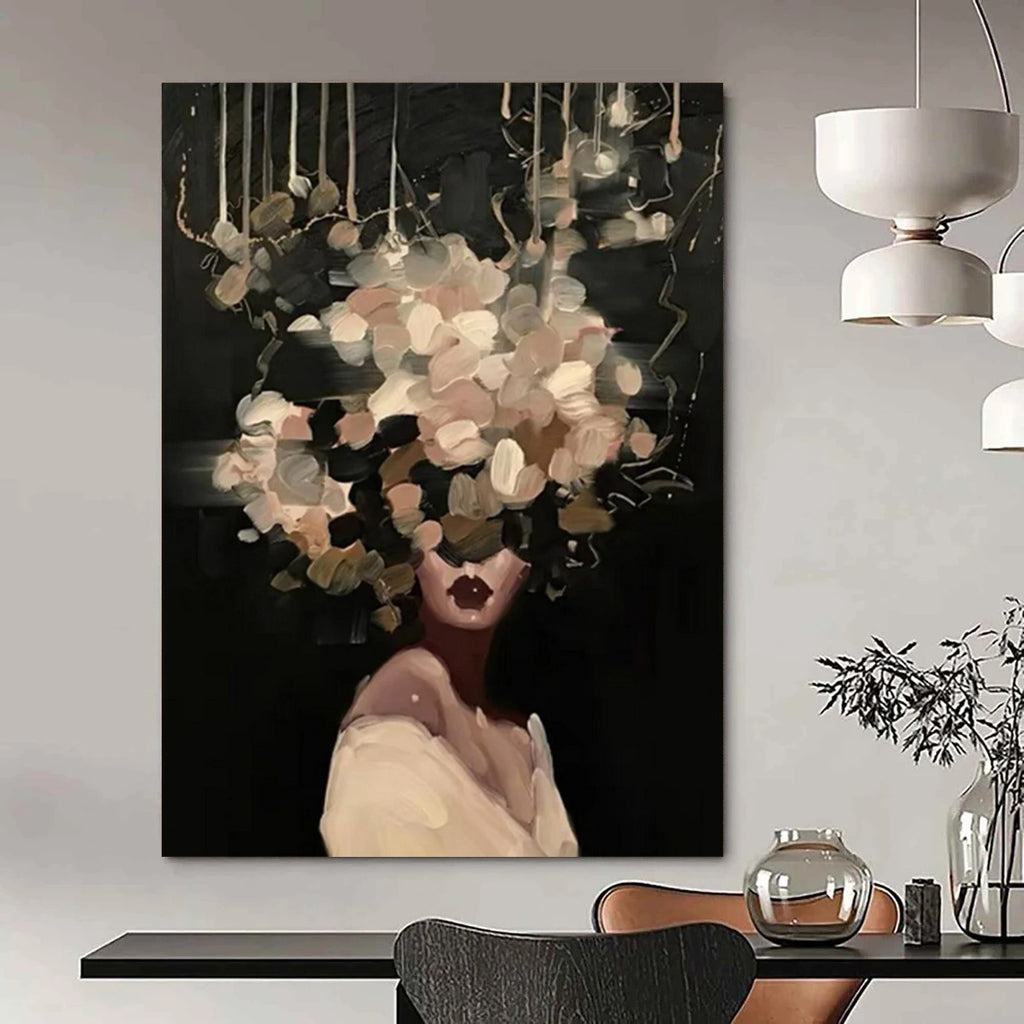 “Black, Beige, and White Floral Head” - Mysterious Figurative Painting On Canvas DS326
