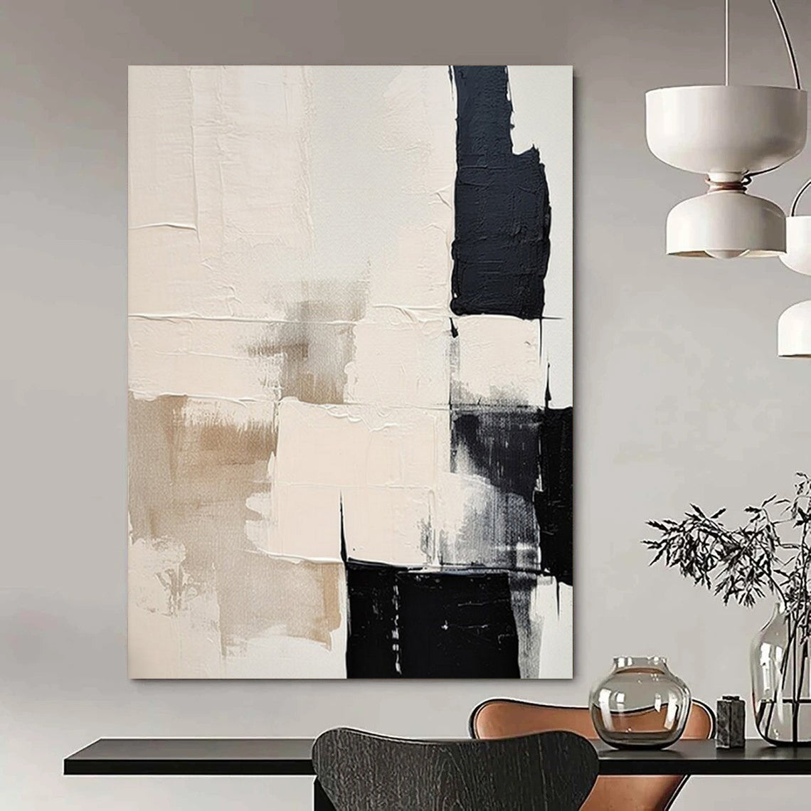 Beige, Black, and White Textured, "Soft Geometry" – Textured Abstract Painting On Canvas PS0978