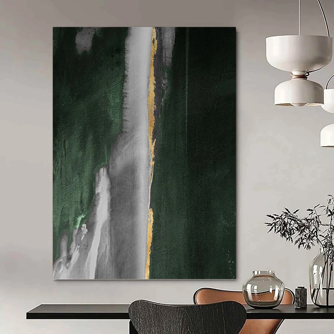 “Green - Grey - Gold Abstract Flow” - Abstract Expressionist Painting On Canvas PT1203