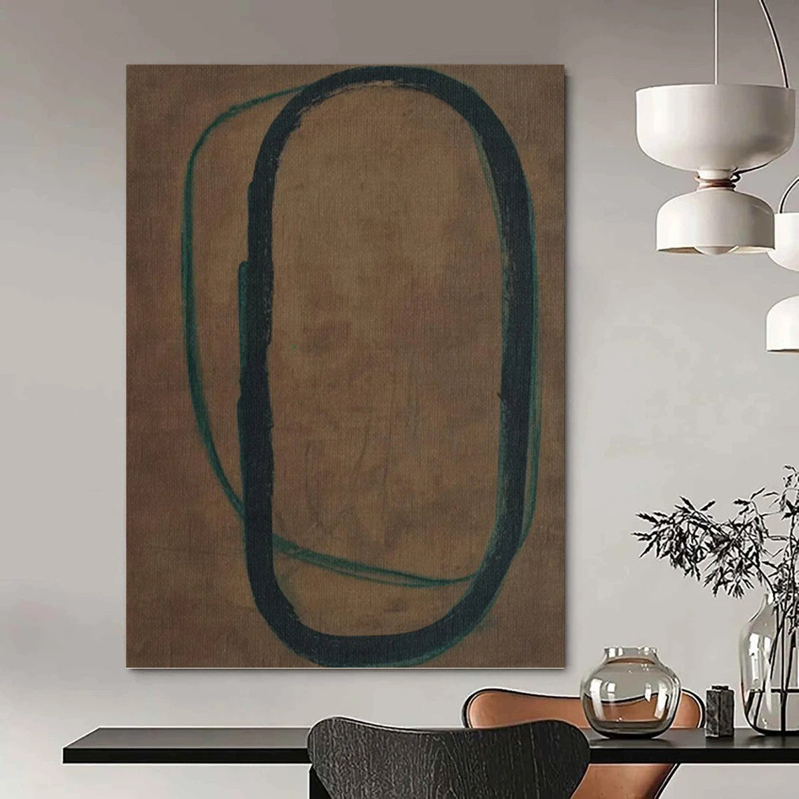 “Black - Green Intertwined Loops” - Minimalist Abstract Painting On Canvas PT1153