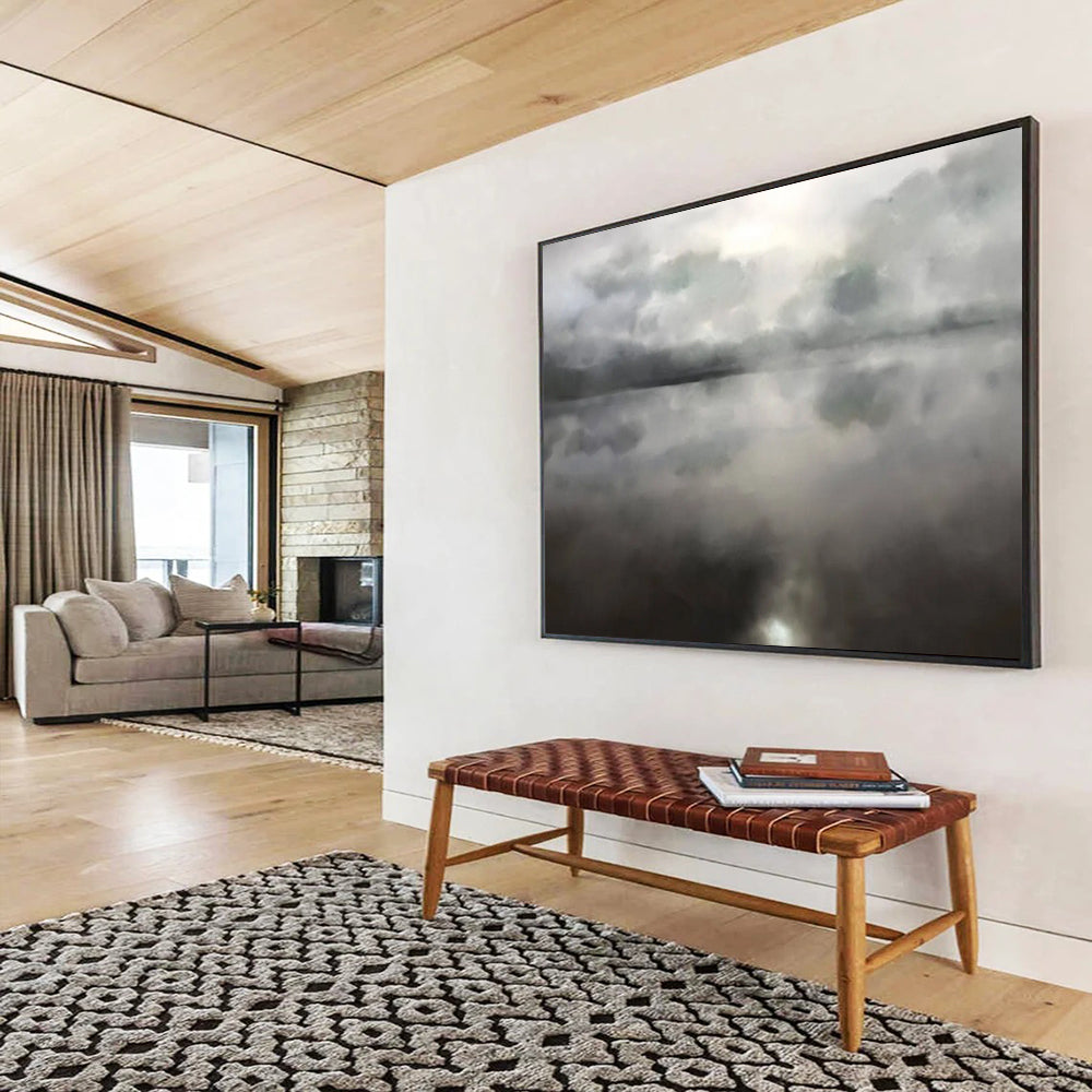 “Monochrome Cloudy Lake Reflection” - Minimalist Landscape Painting On Canvas PT124