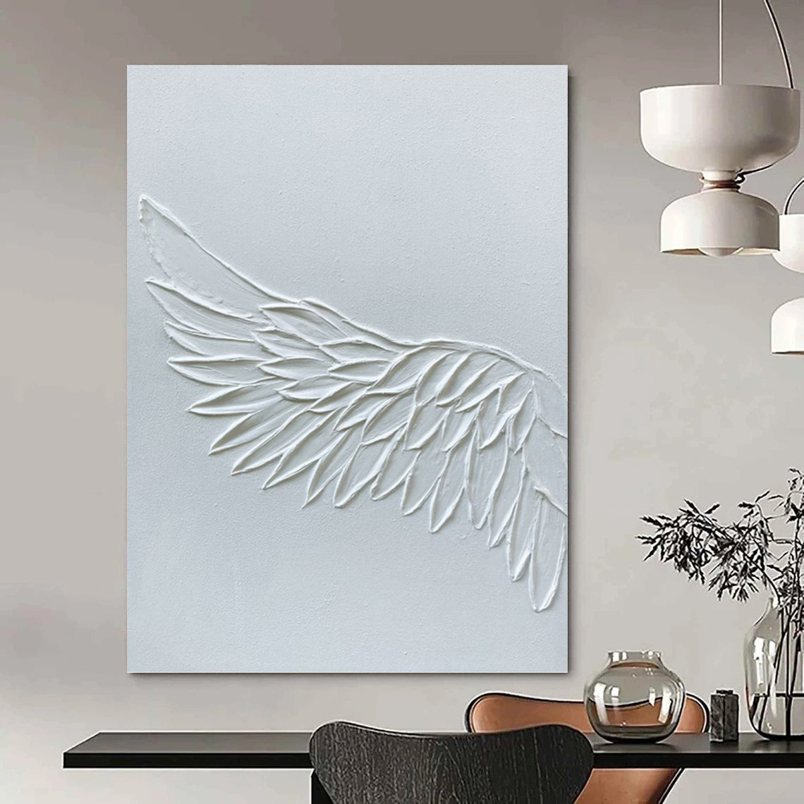 “White Textured Wing” - White, Sculptural Abstract Painting On Canvas PT1485
