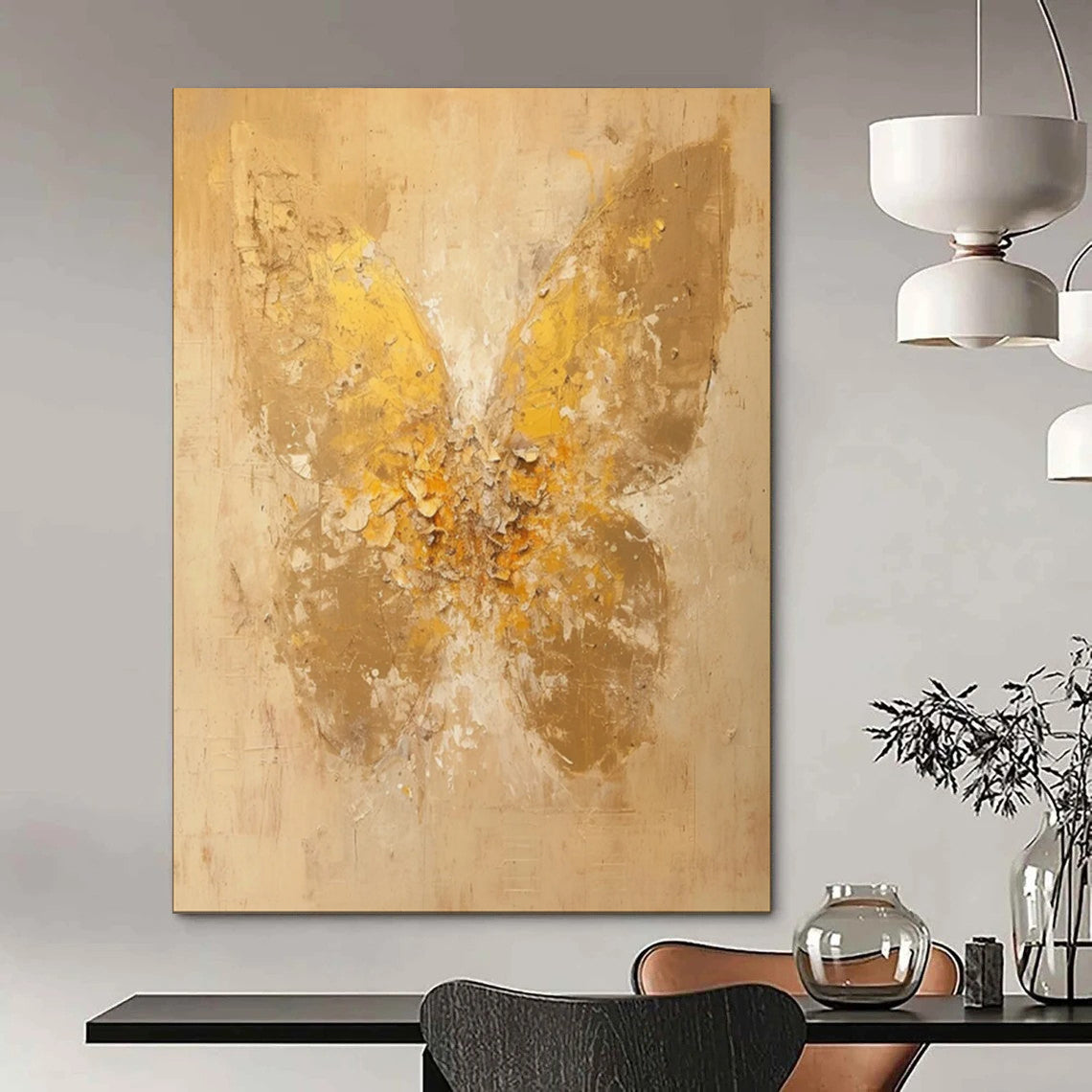 “Textured Gold Butterfly on Beige” - Abstract Insect Painting On Canvas PT1899