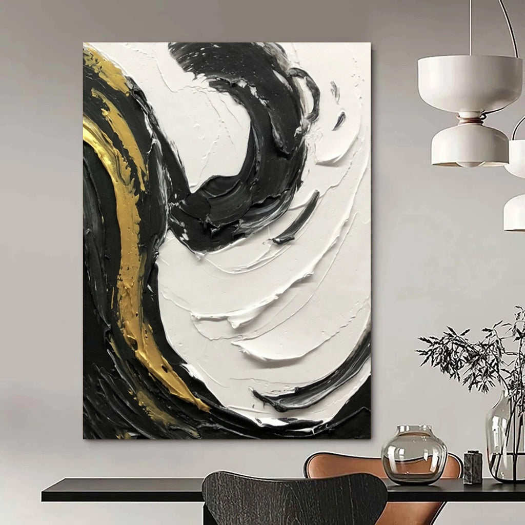 “Black, White, and Gold Swirling Textures” - Opulent Abstract Painting On Canvas DS381