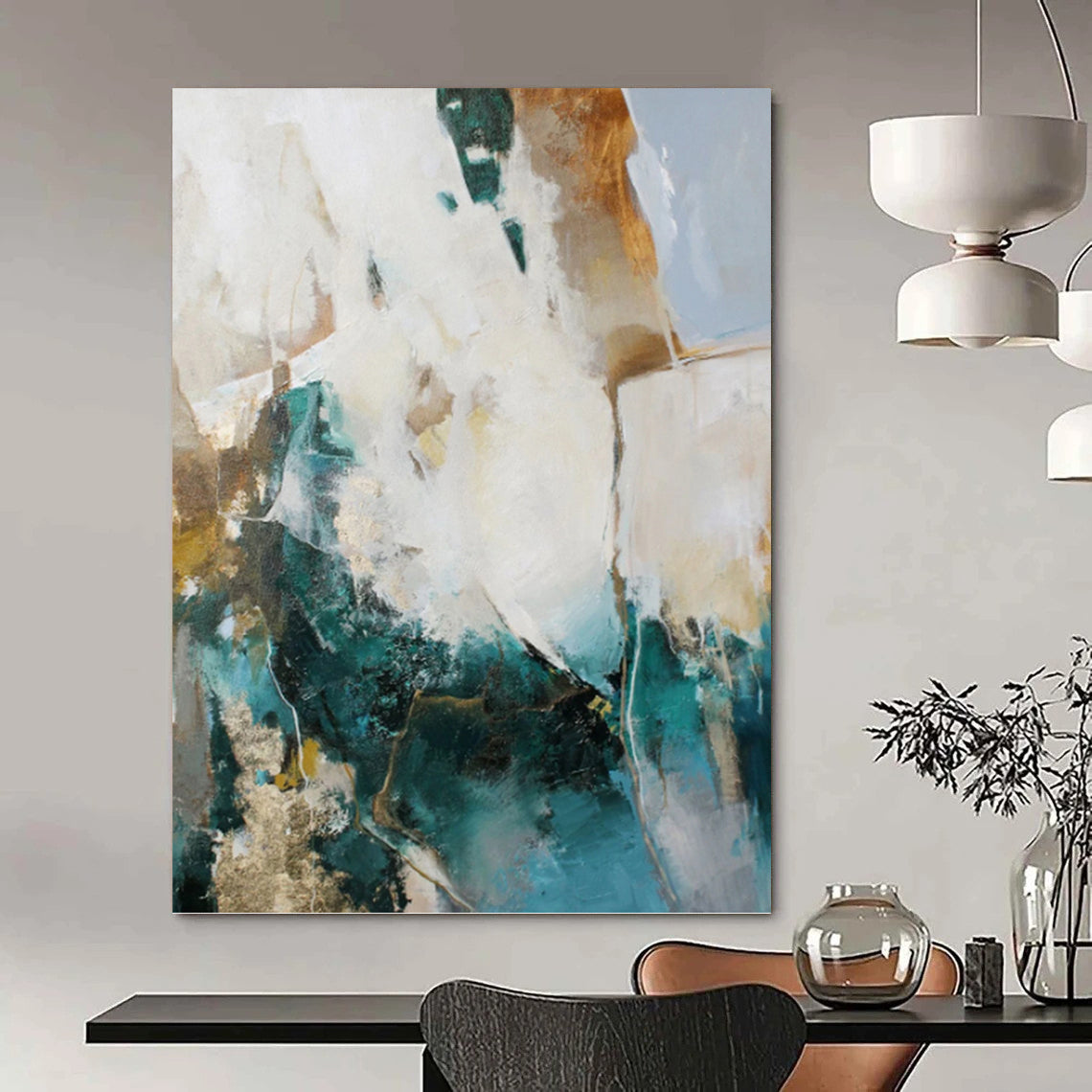 “Teal, Gold and White Abstract” - Bold Color Fusion Painting on Canvas PT1013