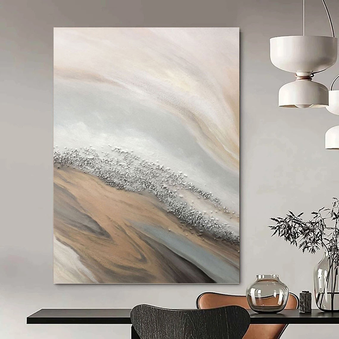 “Beige - Grey - Silver Abstract Flow” - Minimalist Abstract Painting On Canvas PT1228
