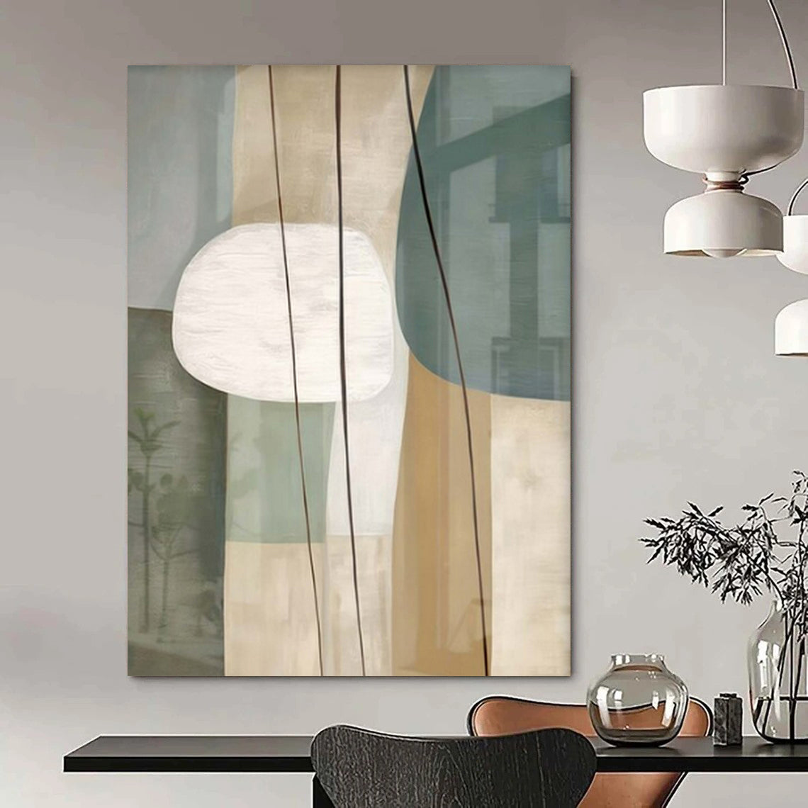 Light Green, Beige, White, and Gray Shapes "Nature's Geometry" Abstract Geometric Painting On Canvas PS1053