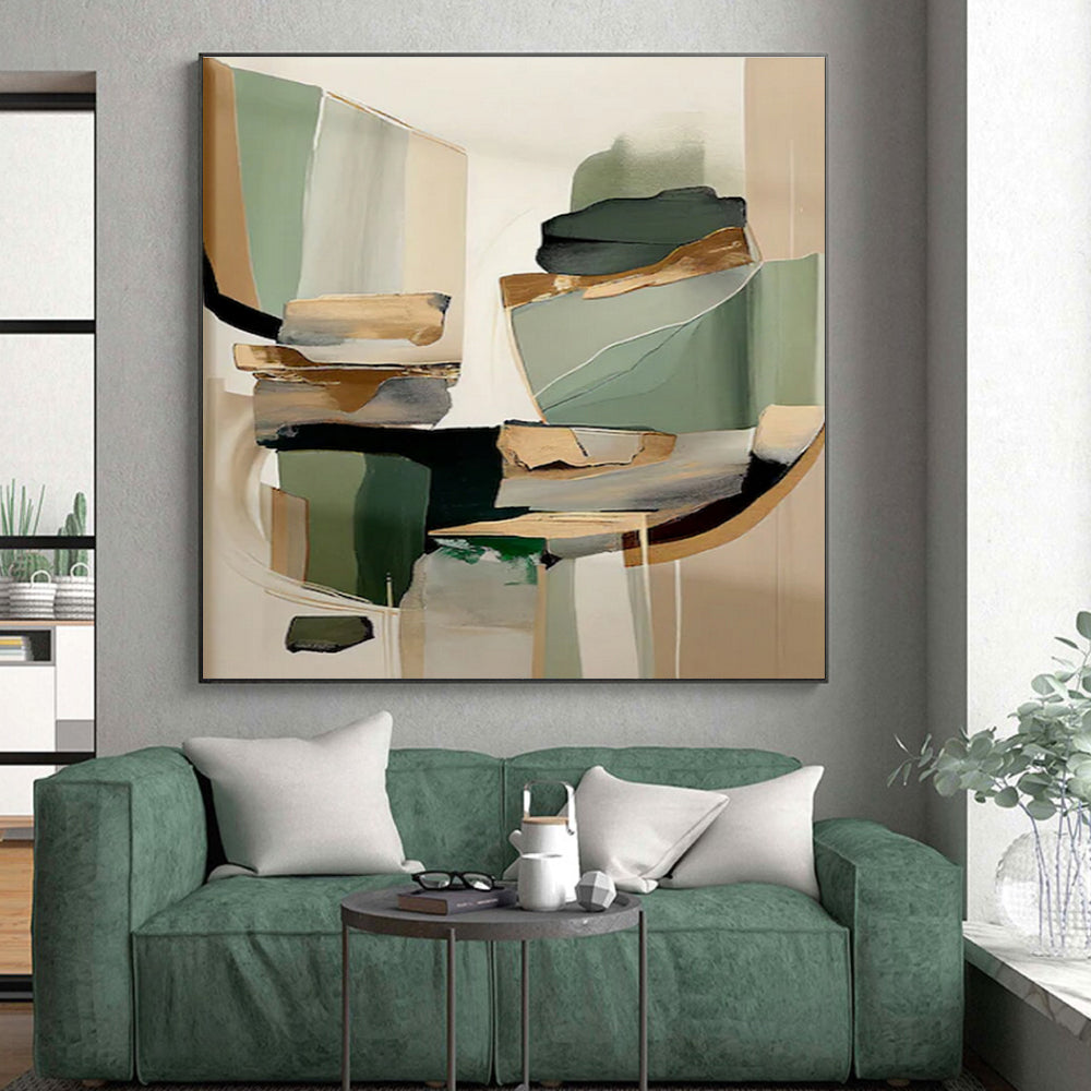 “Green - Gold Abstract Fusion” - Green, Gold, Beige Abstract Geometric Painting On Canvas PS0764