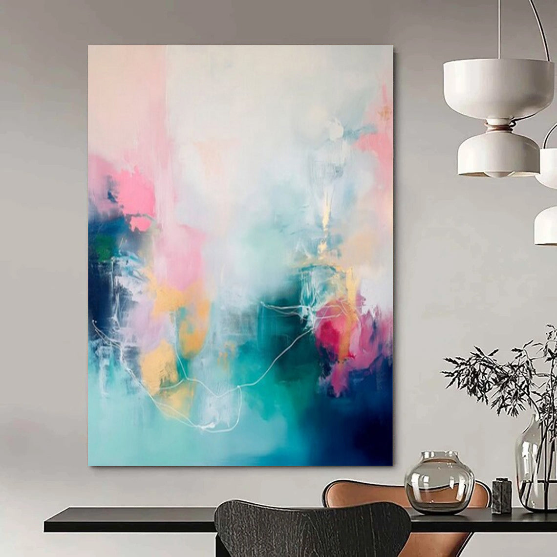 Colorful, Abstract Shapes with White Line Accents "Pastel Harmony" Abstract Painting On Canvas PS1173