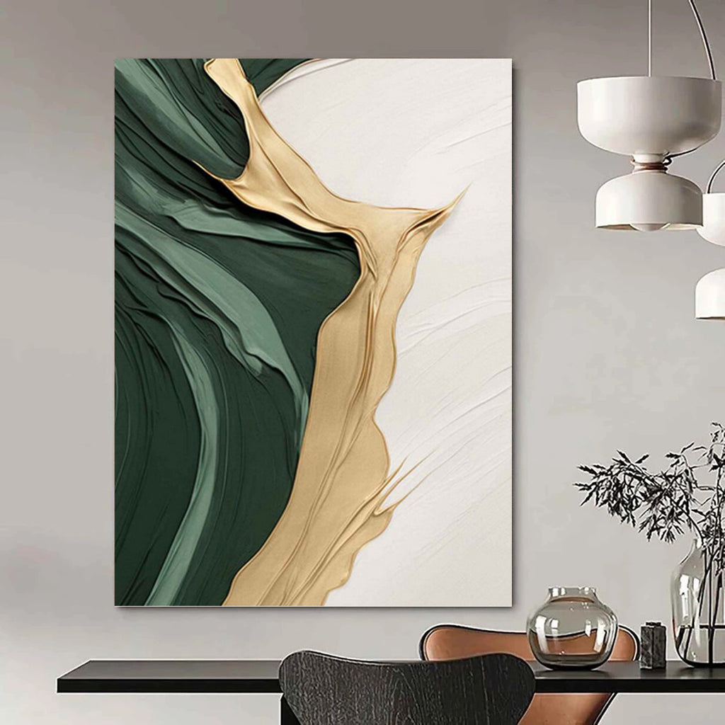 “Green and Gold Flowing Textures” - Abstract, Gold - Accented Painting On Canvas PT1496