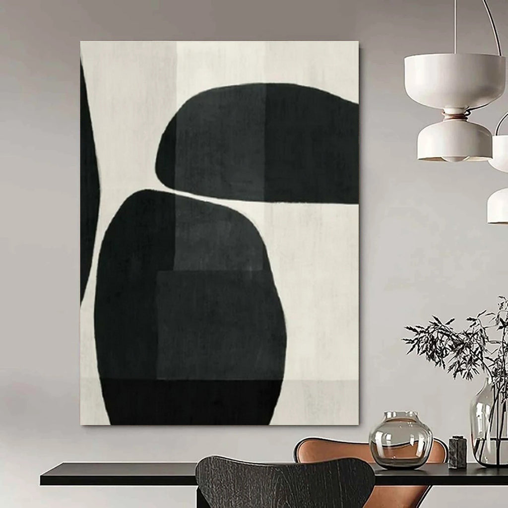 Black, White with Curved Shapes "Organic Rhythm" Abstract Painting On Canvas PS1427