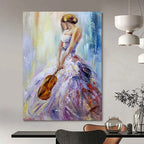 “Woman in Colorful Gown with Violin” - Vibrant Oil Painting On Canvas PT2182