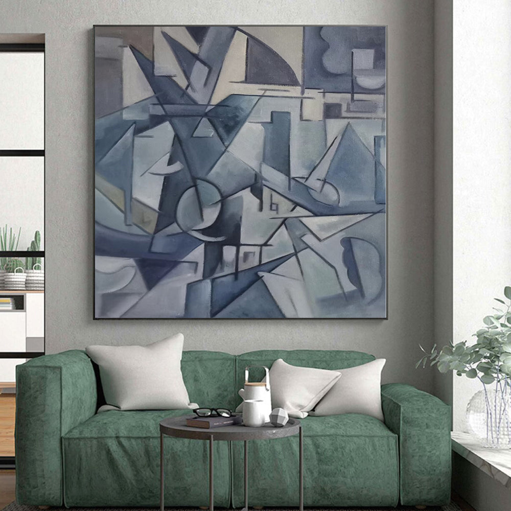 “Blue Cubist Chaos” - Blue, Gray Cubist Abstract Painting On Canvas PS0393
