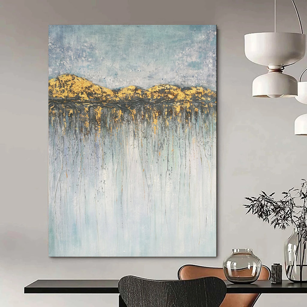 “Gold - Blue Abstract Landscape Drip Art” - Abstract Painting On Canvas PT2077