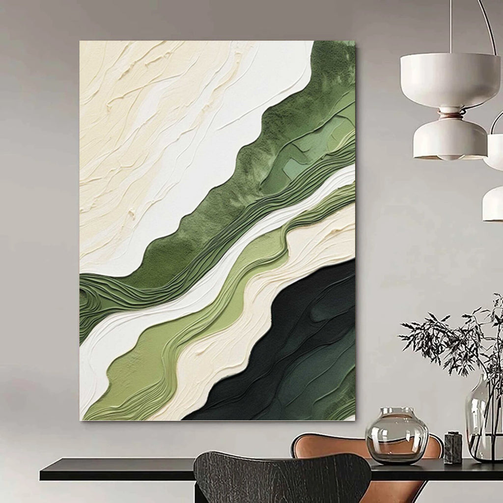 “Green and Beige Wavy Layers” - Nature - Inspired, Textured Abstract Painting On Canvas PT1486