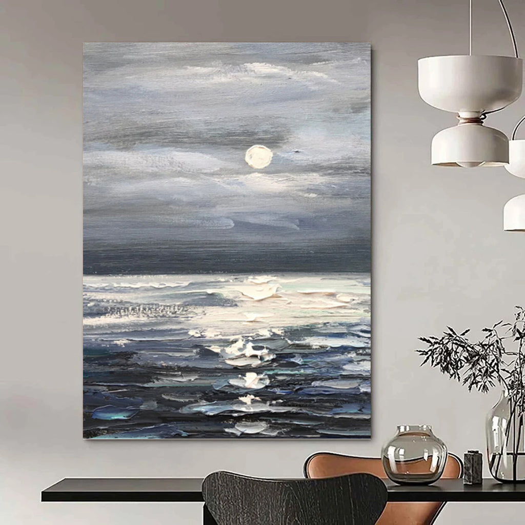“Grey - Blue Moonlit Sea” - Impressionist Seascape Painting On Canvas PT1293