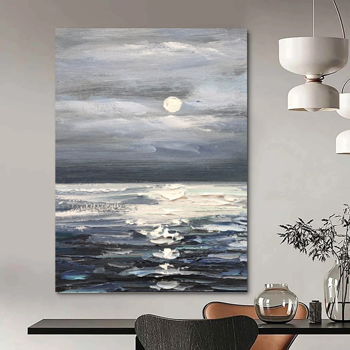 “Grey - Blue Moonlit Sea” - Impressionist Seascape Painting On Canvas PT1293