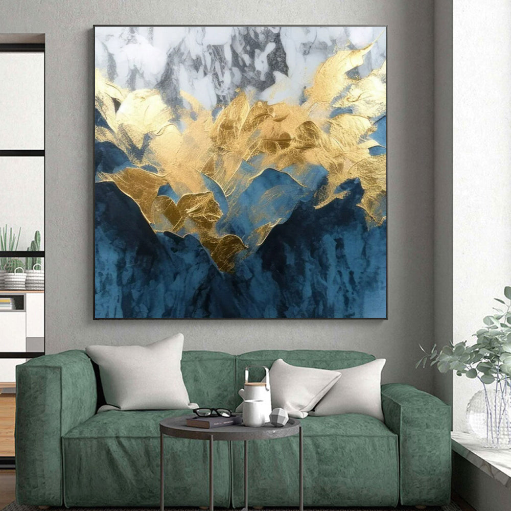Blue and White with Gold Foil, "Gilded Peaks" – Abstract Mountain - Inspired On Canvas PS0916