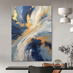 Blue, Gold, White with Dynamic Swirls "Gilded Tempest" Abstract Painting On Canvas PS1265