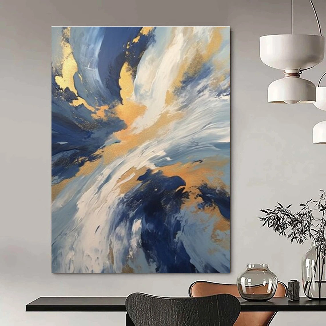 Blue, Gold, White with Dynamic Swirls "Gilded Tempest" Abstract Painting On Canvas PS1265