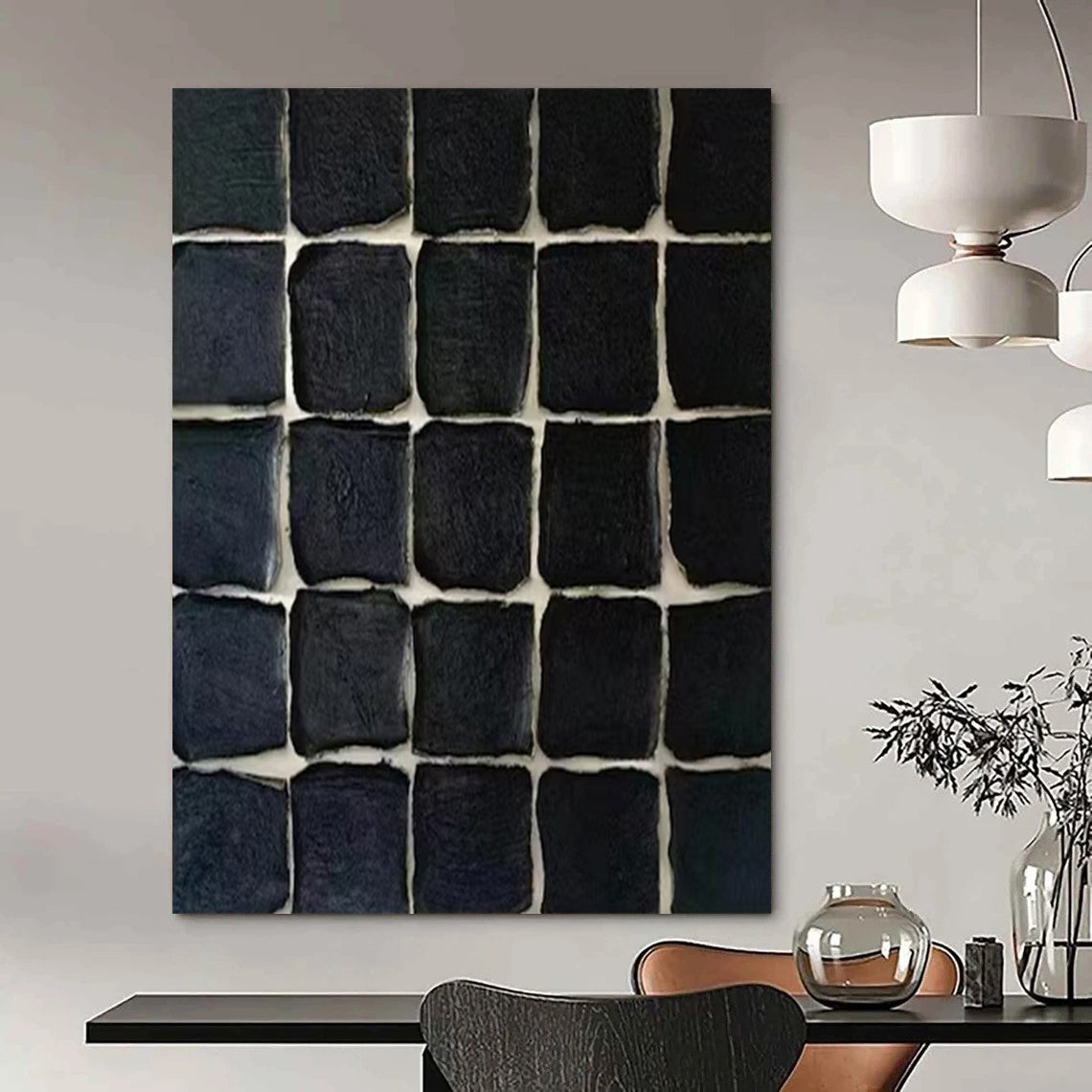 Grid of Textured Black Squares "Monochrome Mosaic" Relief Sculpture On Canvas PS1072