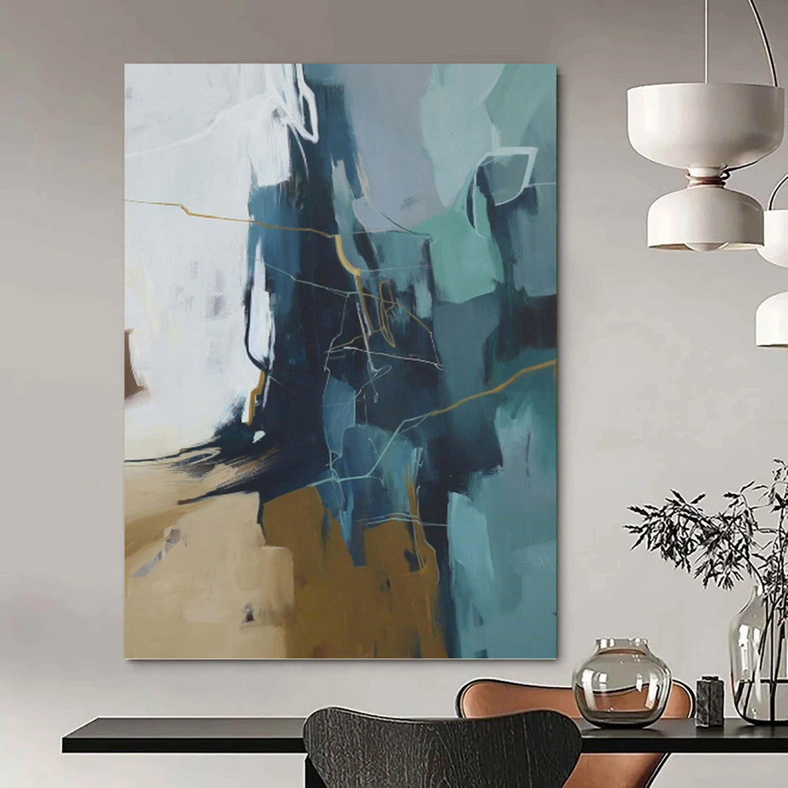 “Blue - Grey Abstract with Golden Lines” - Modern Abstract Painting On Canvas PT1016