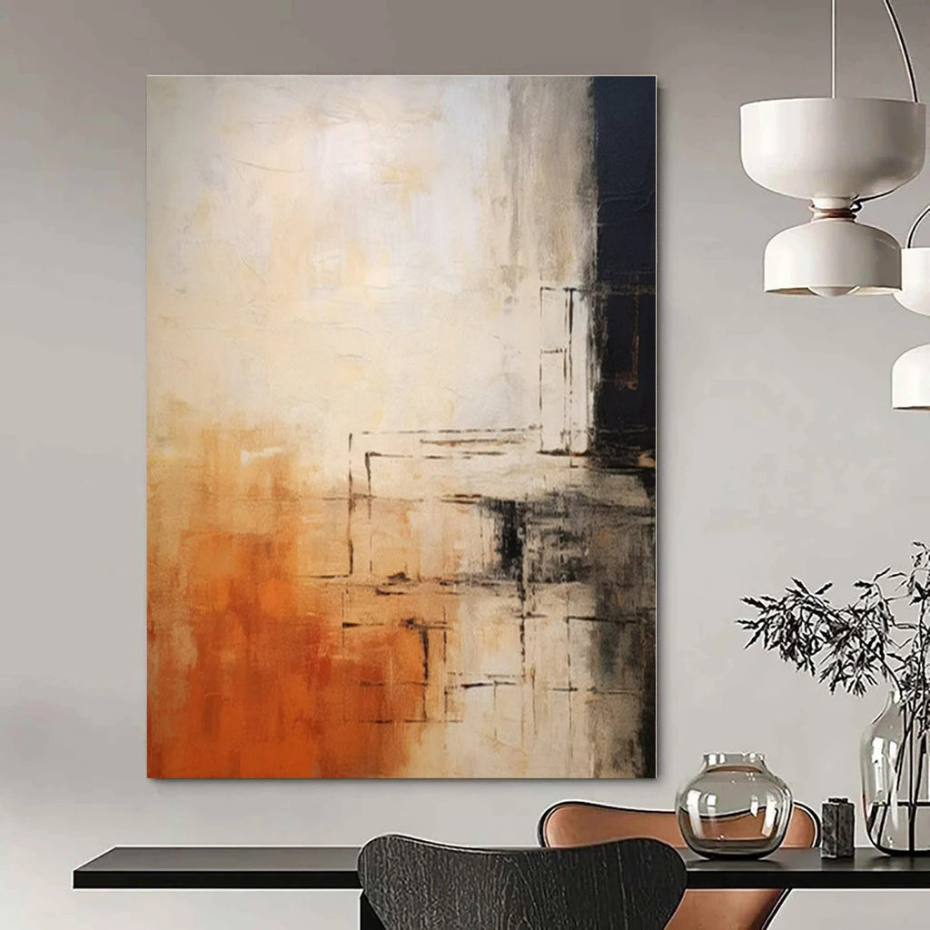 Beige, Orange, Black with Geometric Lines "Geometric Sunset" Abstract Painting On Canvas PS1335