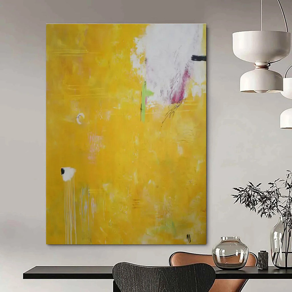 Bright Yellow, White, Green with Minimal Marks "Sunny Whispers" Abstract Painting On Canvas PS1407