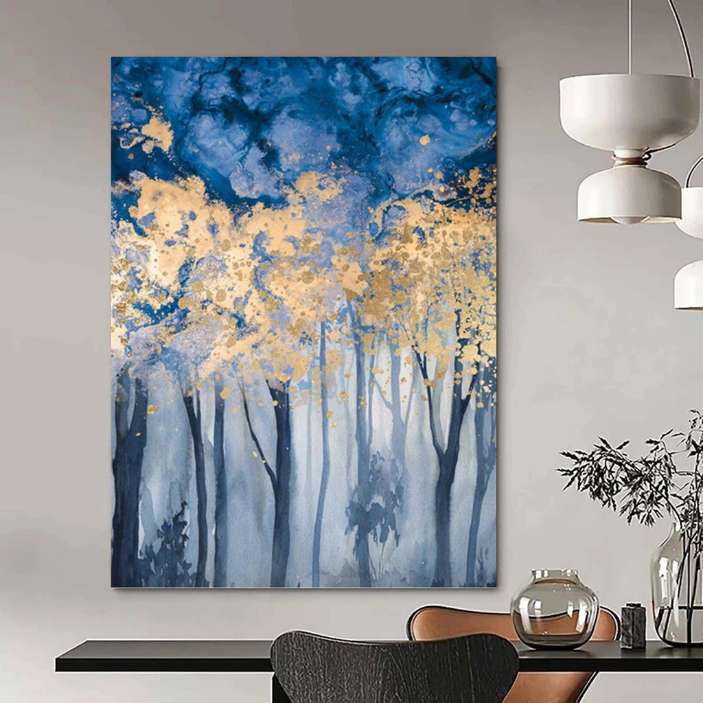 “Blue - Gold Forest: Dreamy Landscape” - Watercolor - Style Painting On Canvas PT0936