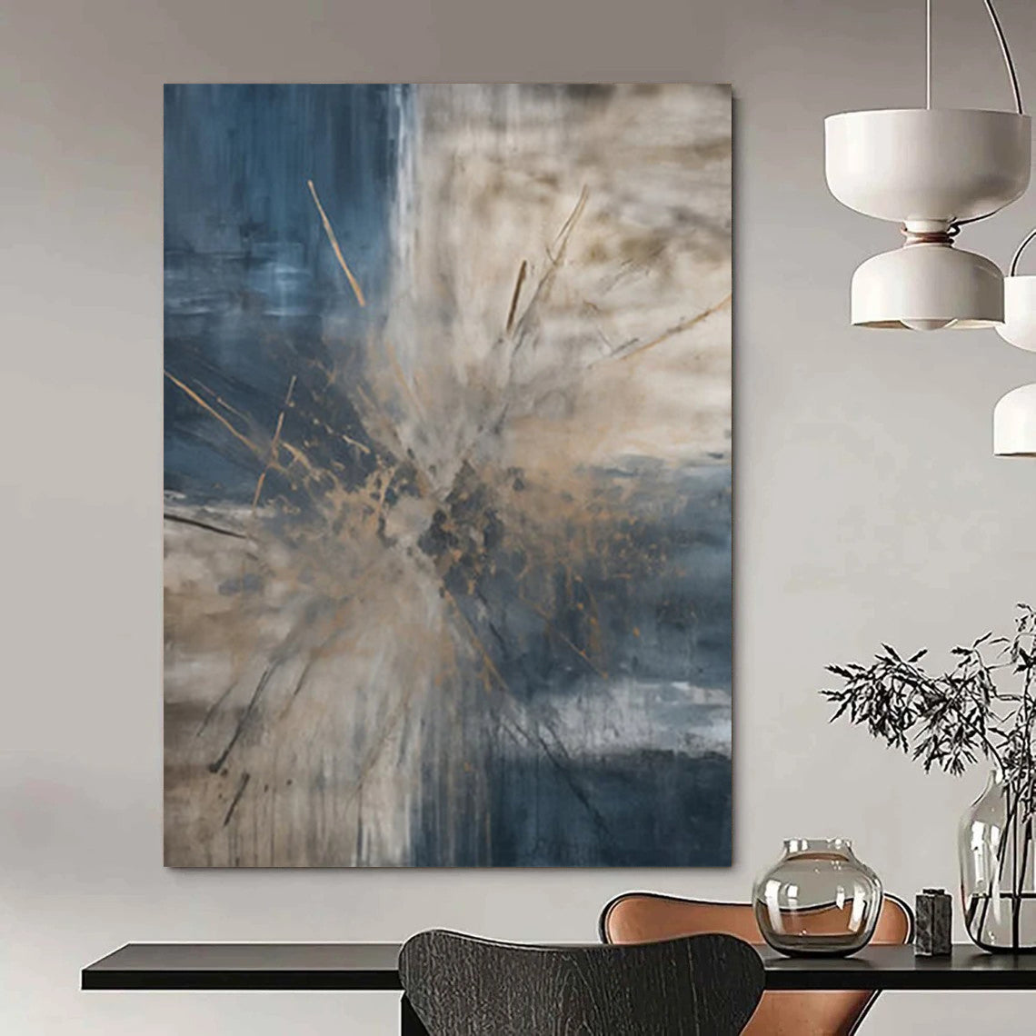 Blue - Gray - Gold Abstract Burst Painting On Canvas DS119
